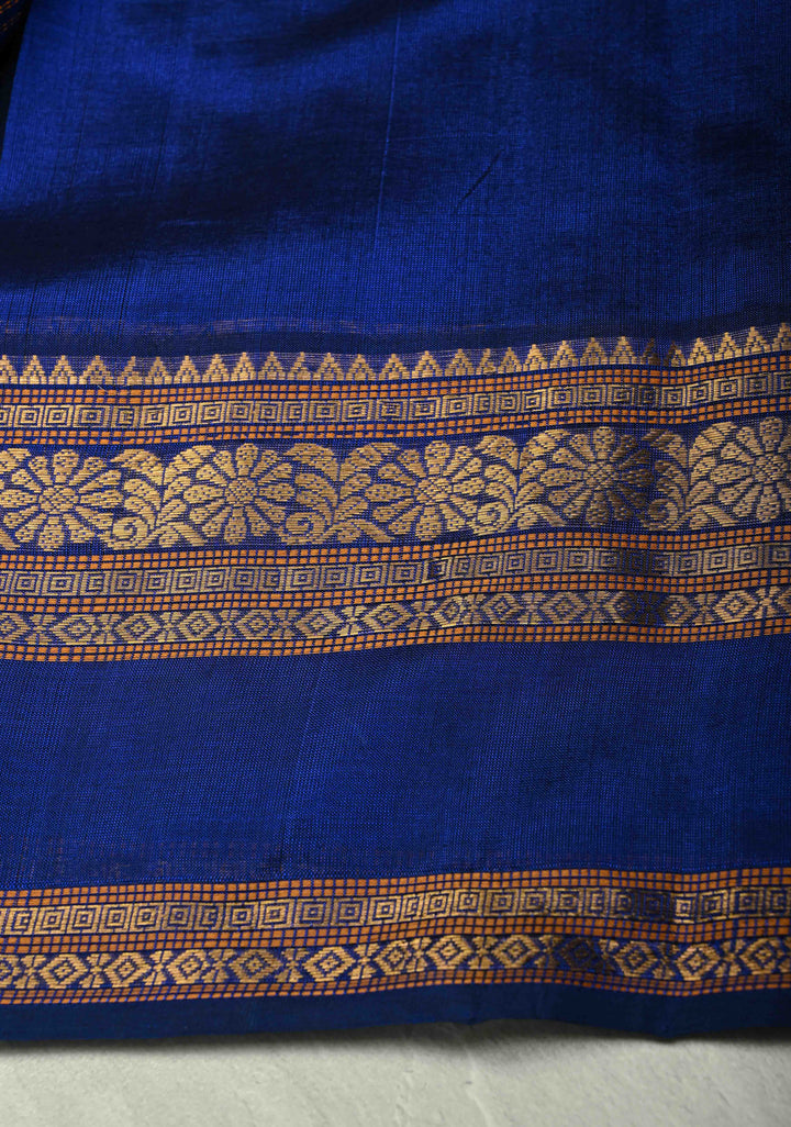 Peacock Blue Dual Tone Kanchi Silk Cotton 100% Handloom Saree with Vail Dhari Stripes and Zari Border