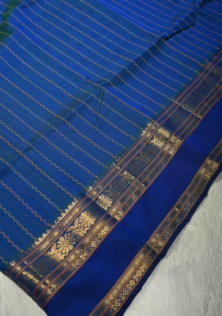 Peacock Blue Dual Tone Kanchi Silk Cotton 100% Handloom Saree with Vail Dhari Stripes and Zari Border