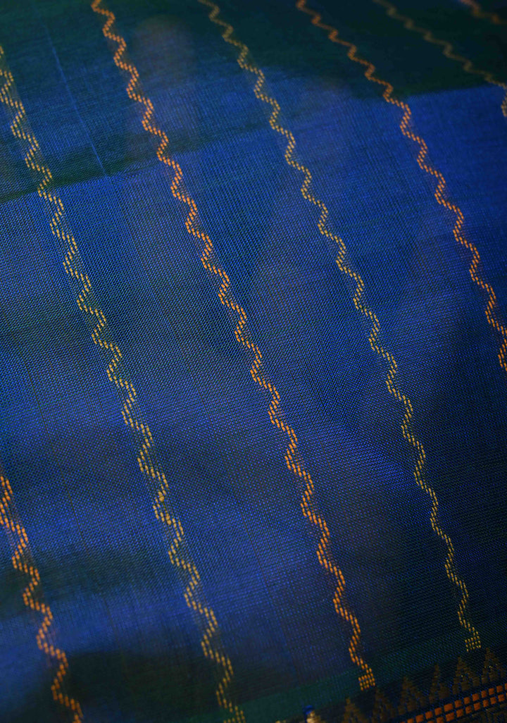 Peacock Blue Dual Tone Kanchi Silk Cotton 100% Handloom Saree with Vail Dhari Stripes and Zari Border