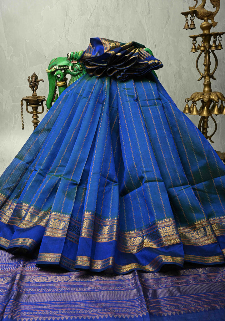 Peacock Blue Dual Tone Kanchi Silk Cotton 100% Handloom Saree with Vail Dhari Stripes and Zari Border