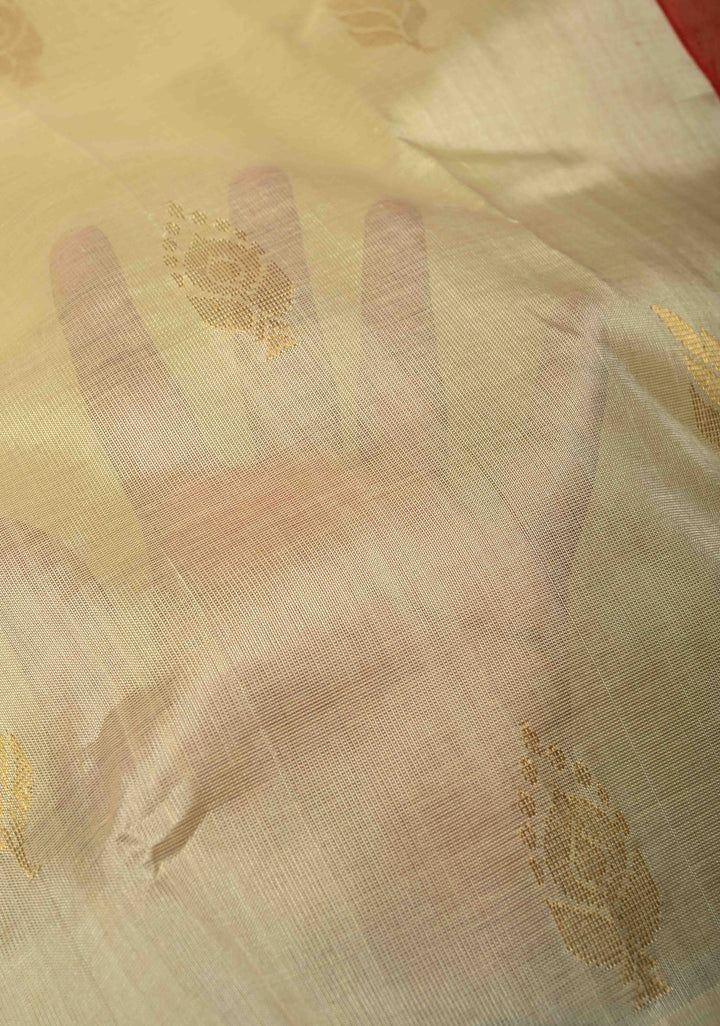 Ivory Korvai Kanchi Silk Cotton 100% Handloom Saree with Zari Buttas and Contrast Zari Border