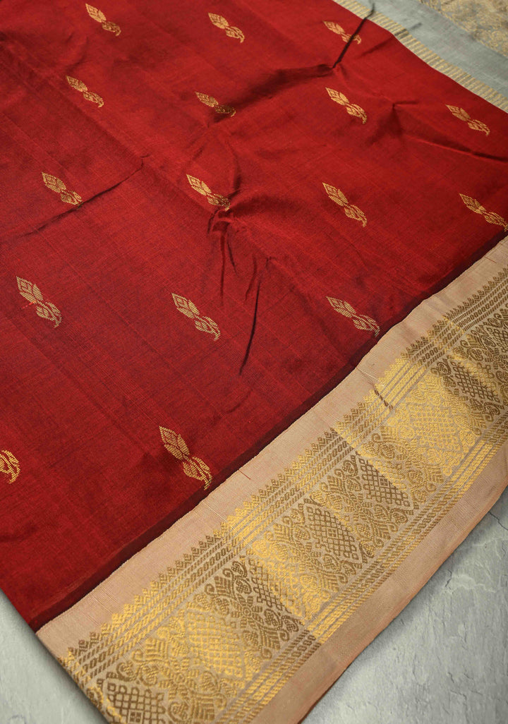 Maroon Korvai Kanchi Silk Cotton 100% Handloom Saree with Zari Buttas and Contrast Zari Border