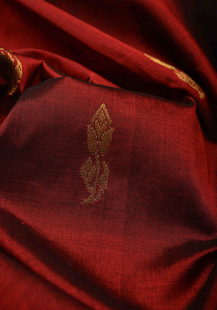 Maroon Korvai Kanchi Silk Cotton 100% Handloom Saree with Zari Buttas and Contrast Zari Border