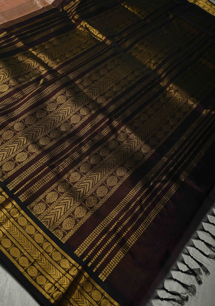 Pinkish Tan Korvai Kanchi Silk Cotton 100% Handloom Saree with Contrast Zari Border
