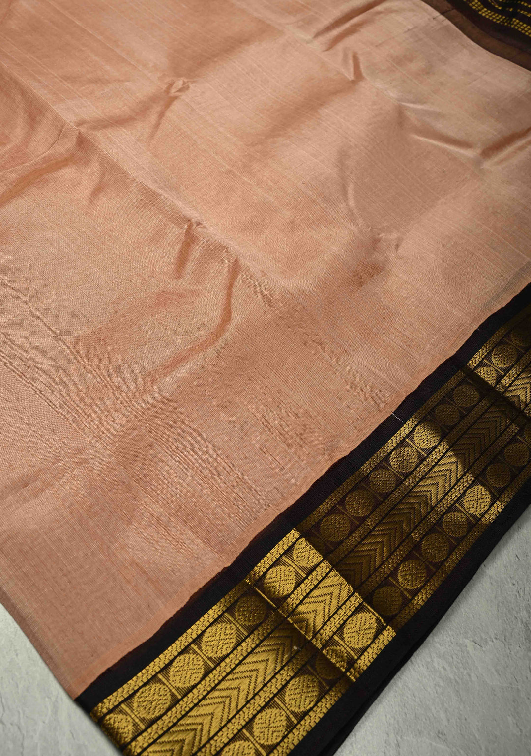 Pinkish Tan Korvai Kanchi Silk Cotton 100% Handloom Saree with Contrast Zari Border