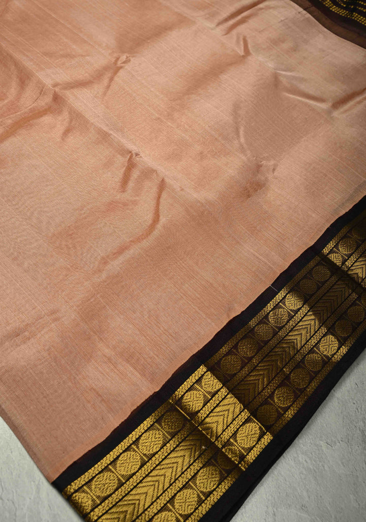 Pinkish Tan Korvai Kanchi Silk Cotton 100% Handloom Saree with Contrast Zari Border