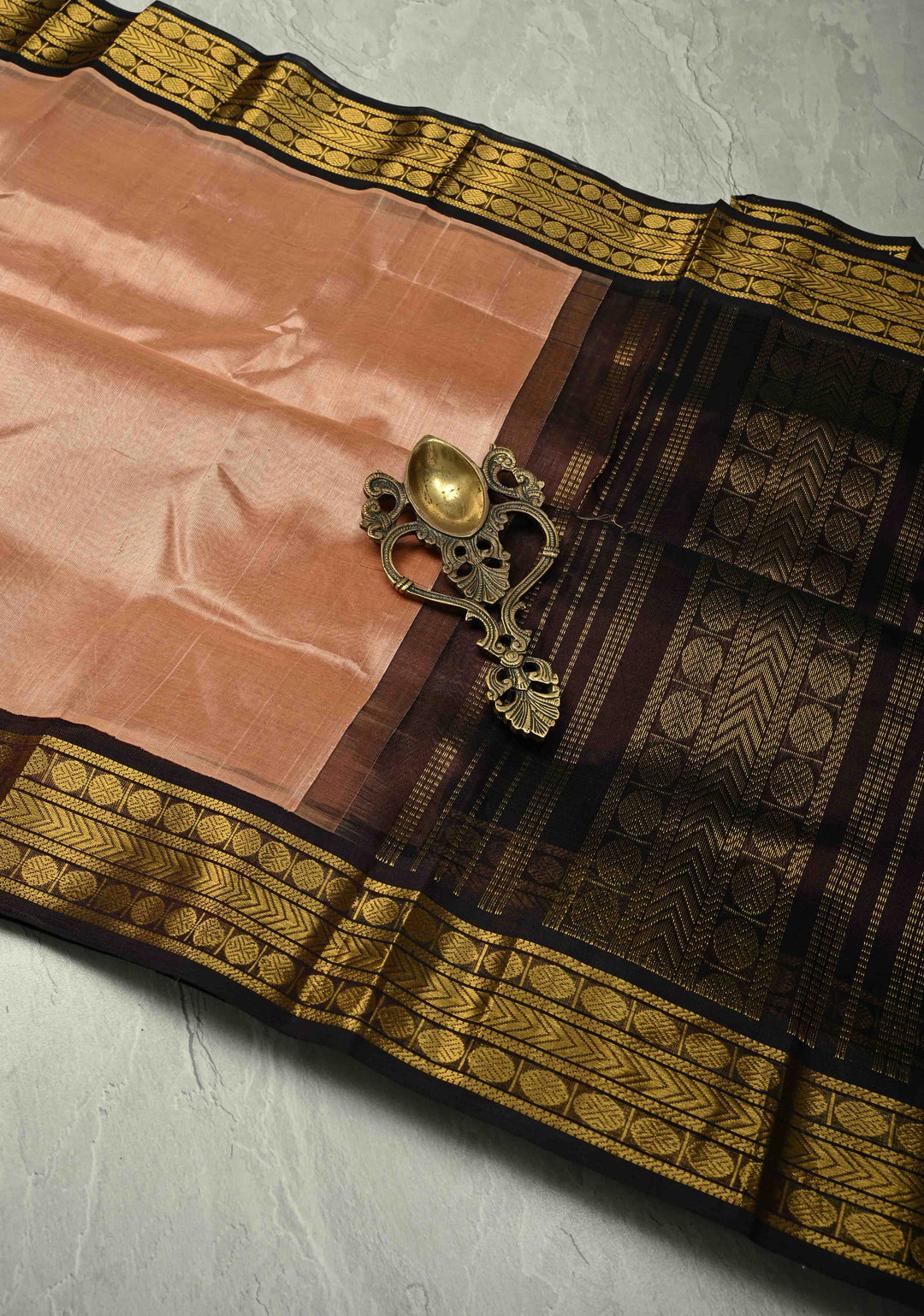 Pinkish Tan Korvai Kanchi Silk Cotton 100% Handloom Saree with Contrast Zari Border