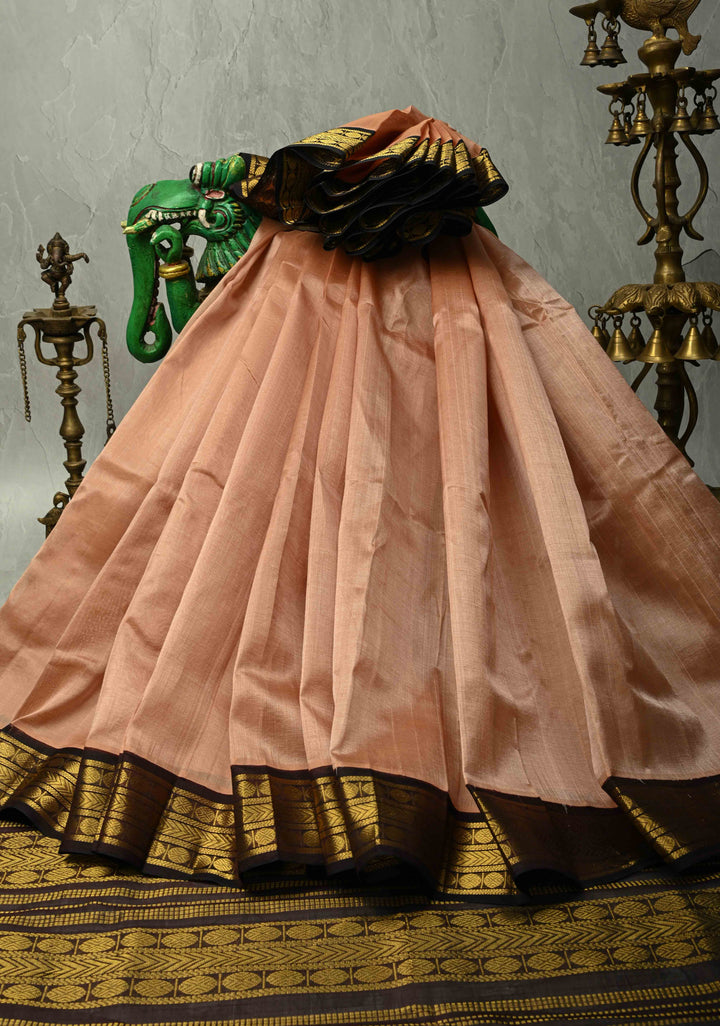 Pinkish Tan Korvai Kanchi Silk Cotton 100% Handloom Saree with Contrast Zari Border