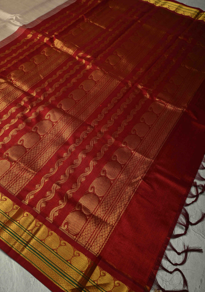 Beige Kanchi Silk Cotton 100% Handloom Saree with Contrast Zari Border