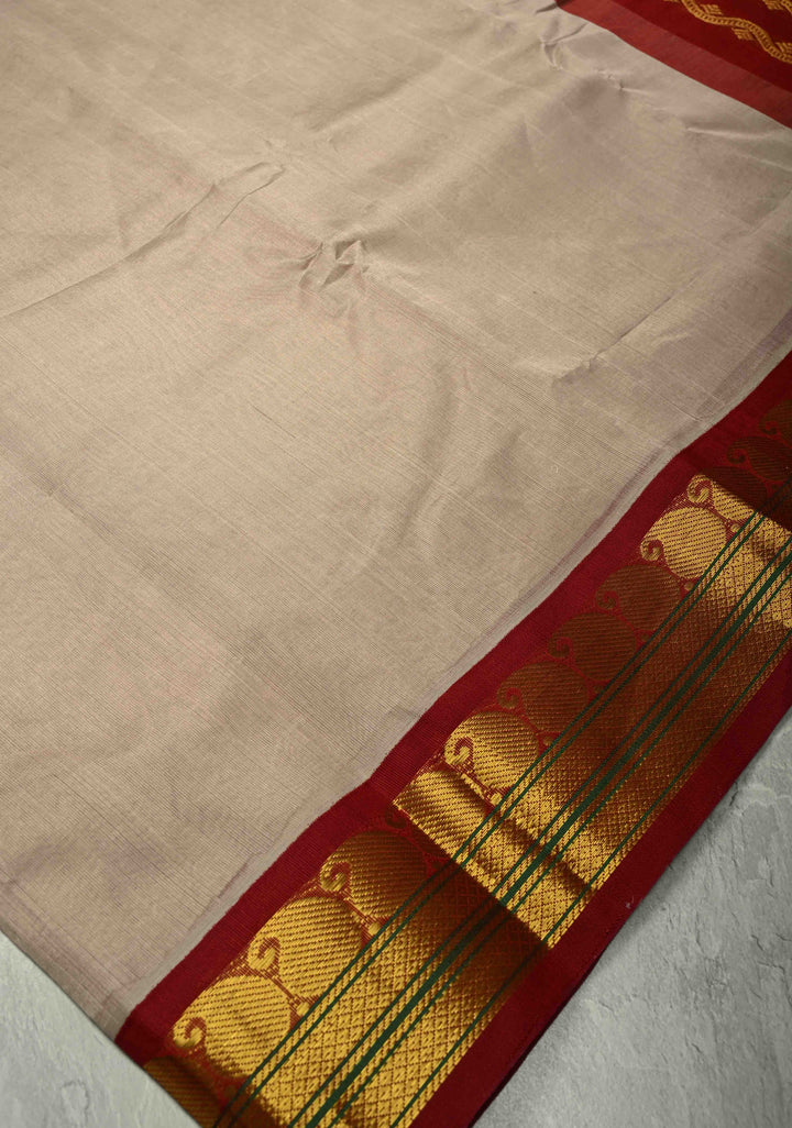 Beige Kanchi Silk Cotton 100% Handloom Saree with Contrast Zari Border