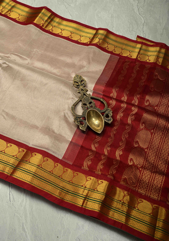 Beige Kanchi Silk Cotton 100% Handloom Saree with Contrast Zari Border
