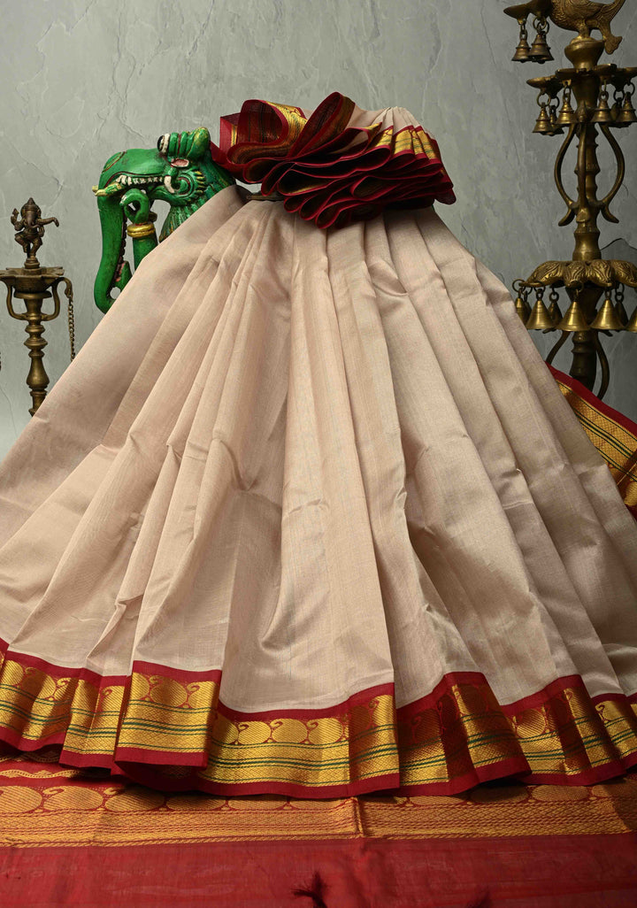 Beige Kanchi Silk Cotton 100% Handloom Saree with Contrast Zari Border