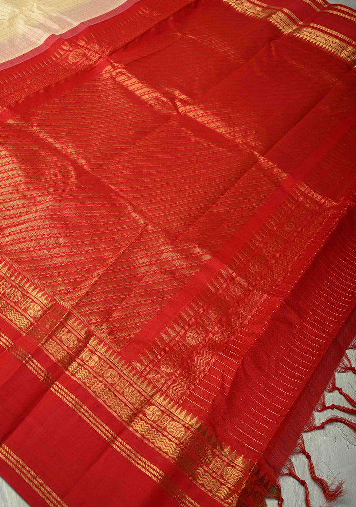 Cream Kanchi Silk Cotton Saree with Zari Checks and Contrast Zari Border