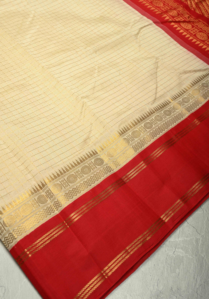 Cream Kanchi Silk Cotton Saree with Zari Checks and Contrast Zari Border