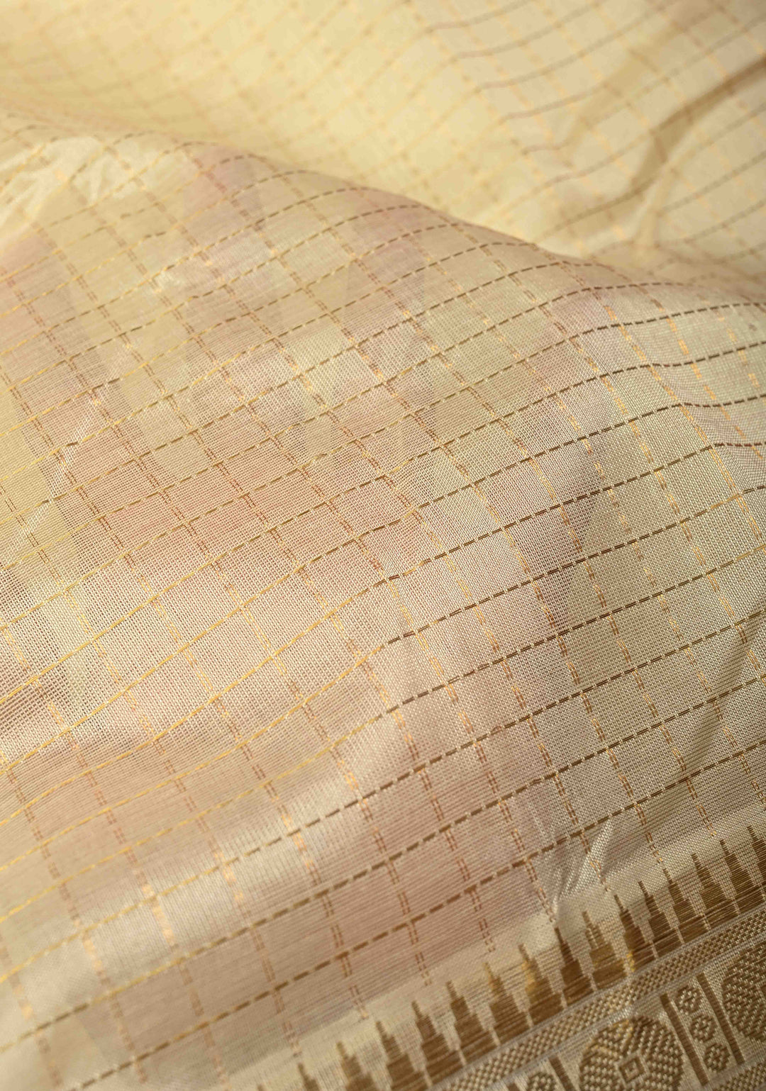 Cream Kanchi Silk Cotton Saree with Zari Checks and Contrast Zari Border
