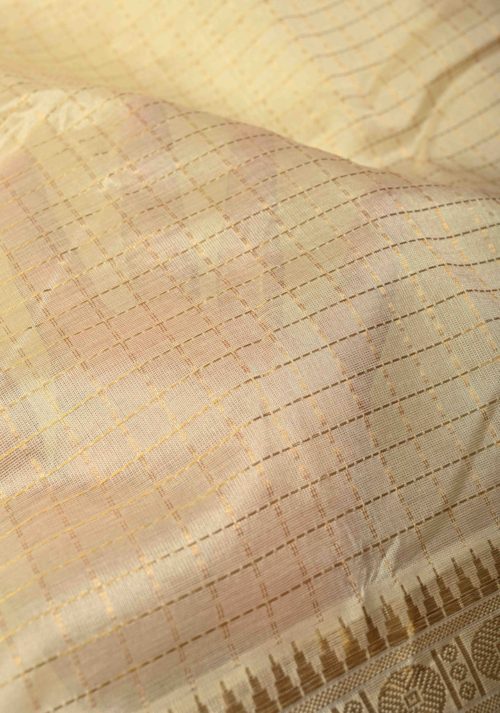 Cream Kanchi Silk Cotton Saree with Zari Checks and Contrast Zari Border