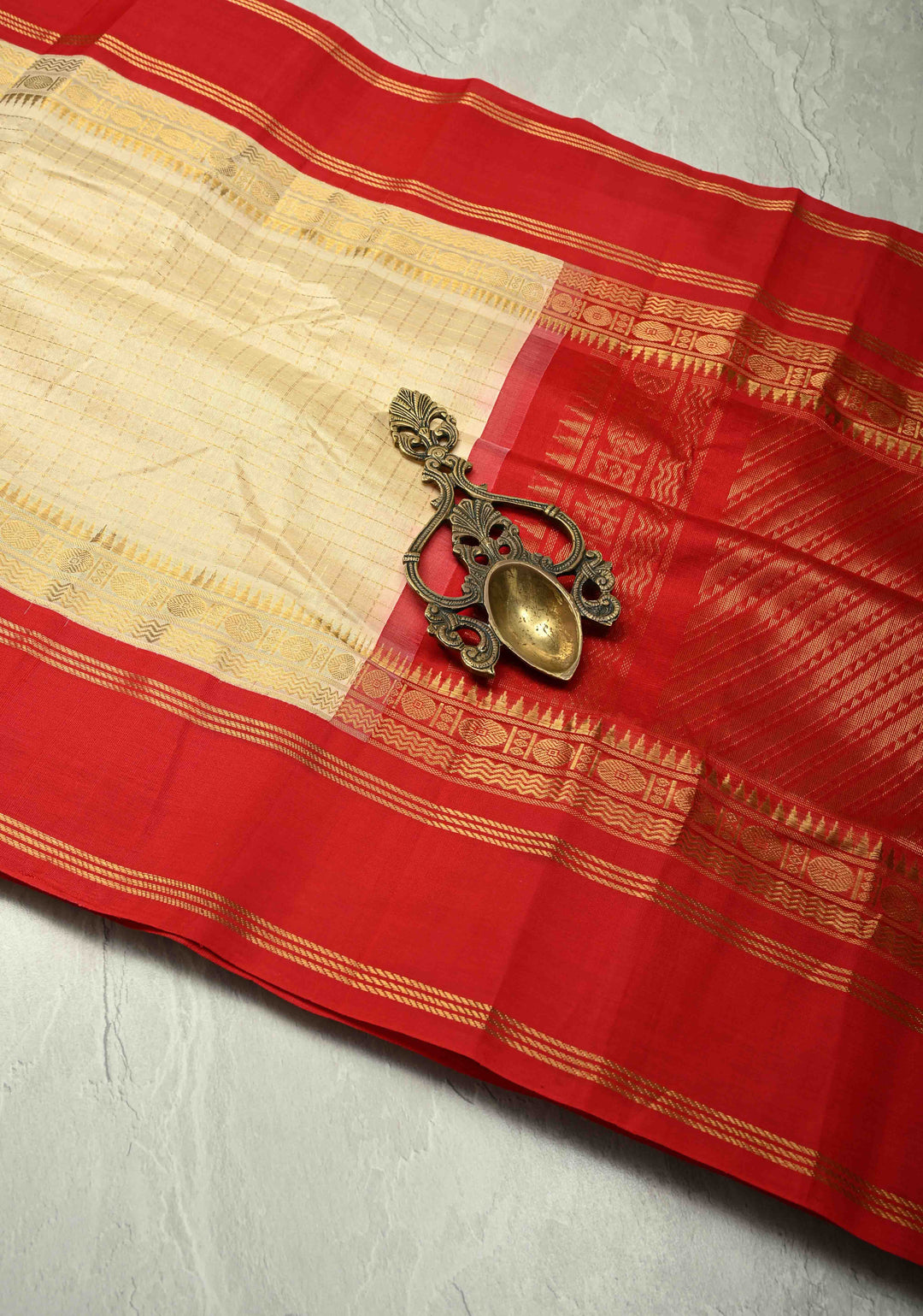 Cream Kanchi Silk Cotton Saree with Zari Checks and Contrast Zari Border