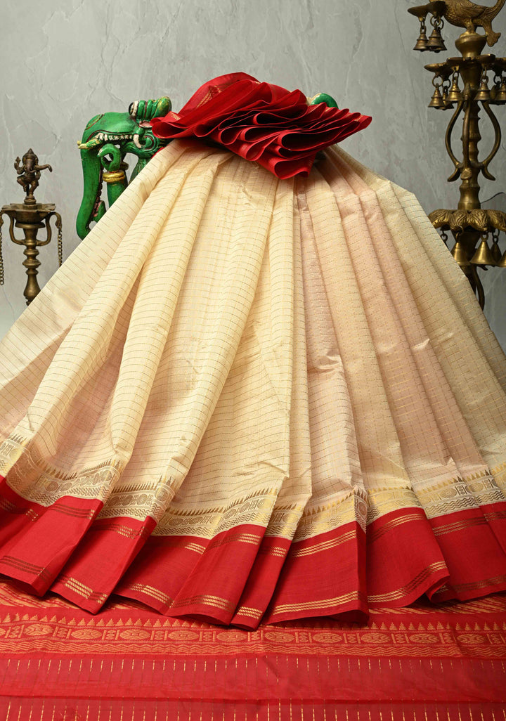 Cream Kanchi Silk Cotton Saree with Zari Checks and Contrast Zari Border