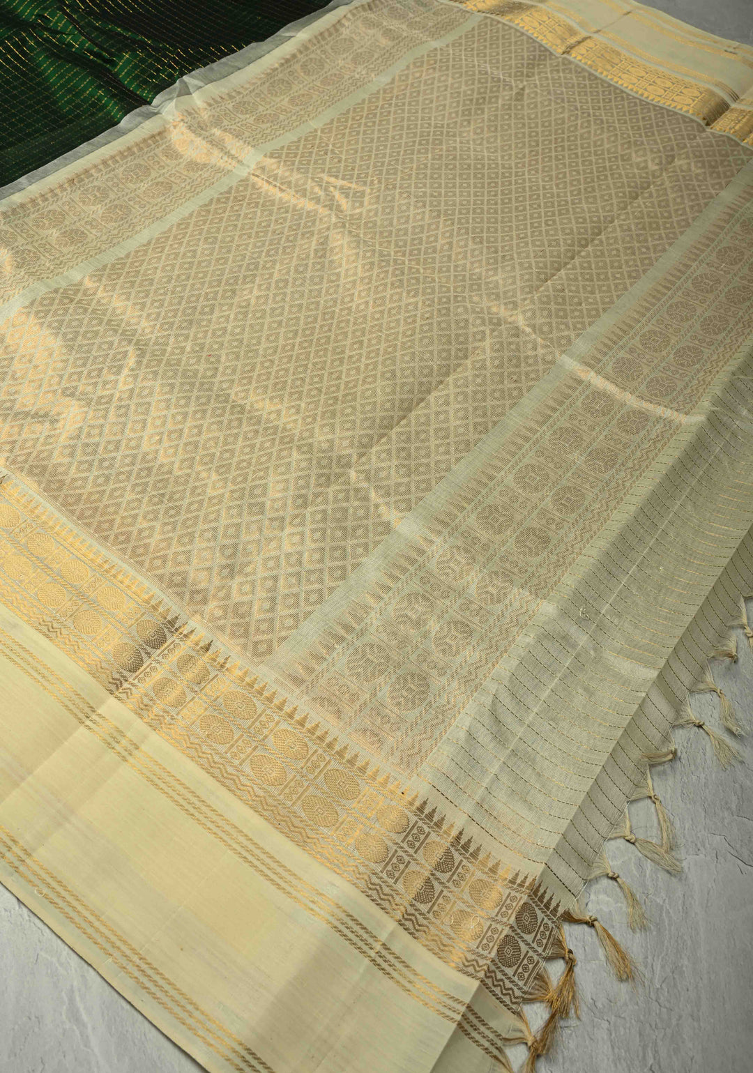 Bottle Green Kanchi Silk Cotton Saree with Kattam Zari Checks and Contrast Zari Border