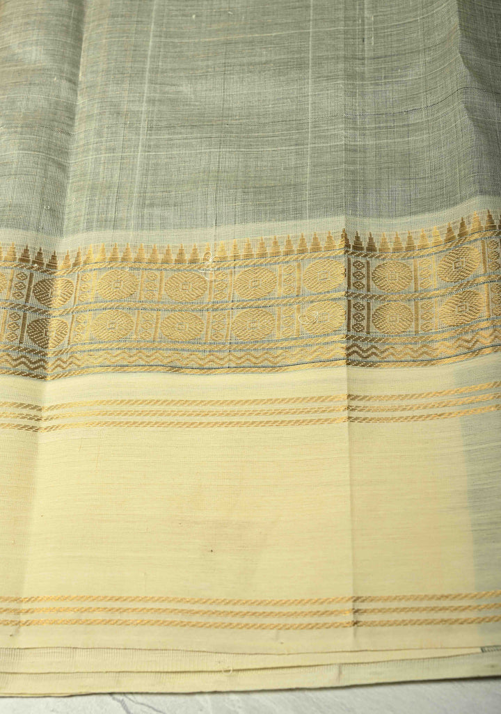 Bottle Green Kanchi Silk Cotton Saree with Kattam Zari Checks and Contrast Zari Border