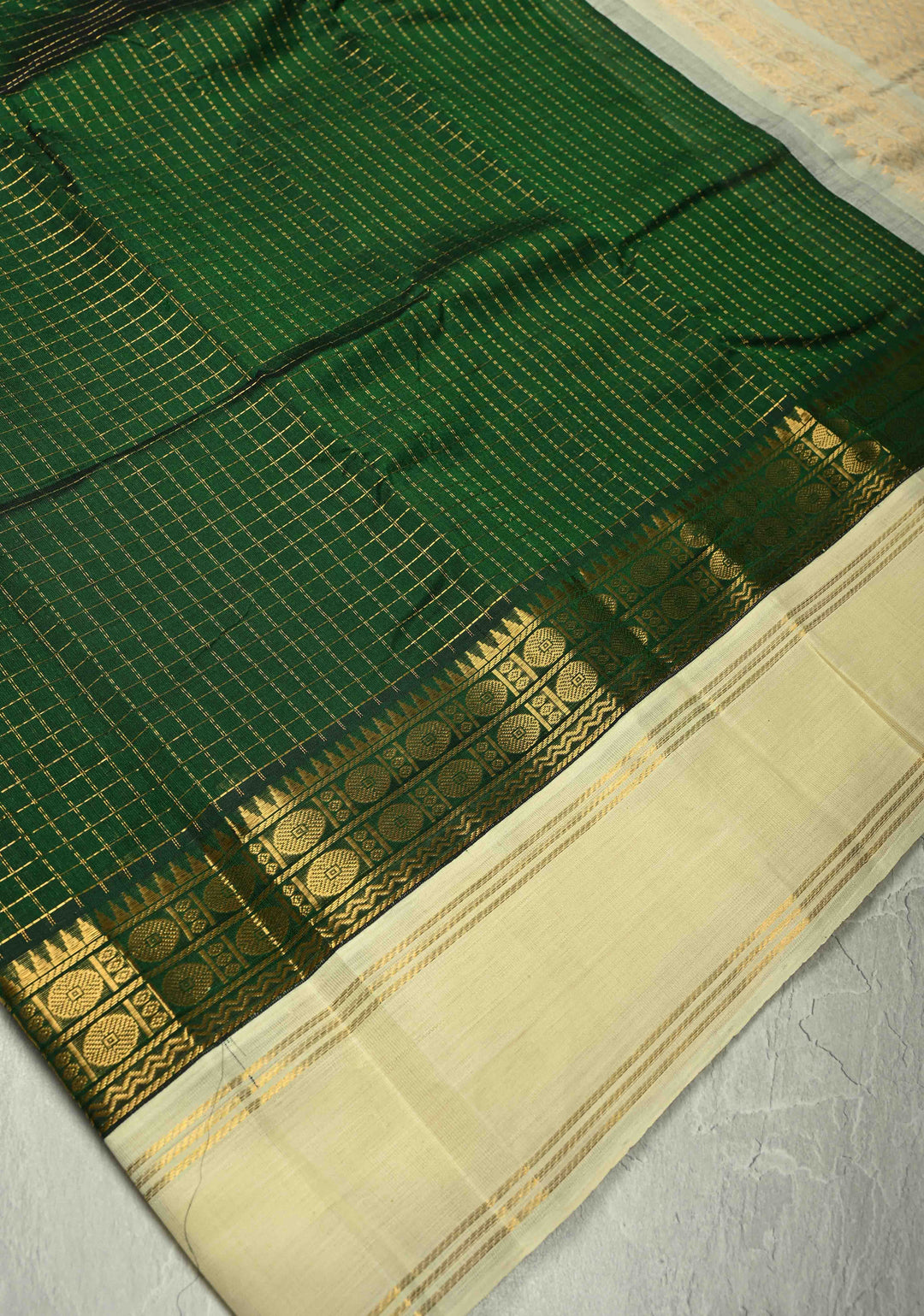 Bottle Green Kanchi Silk Cotton Saree with Kattam Zari Checks and Contrast Zari Border