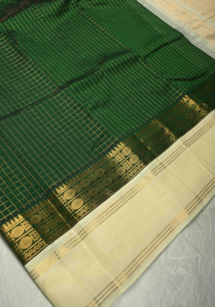 Bottle Green Kanchi Silk Cotton Saree with Kattam Zari Checks and Contrast Zari Border