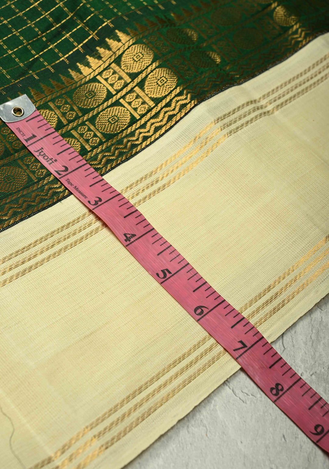 Bottle Green Kanchi Silk Cotton Saree with Kattam Zari Checks and Contrast Zari Border