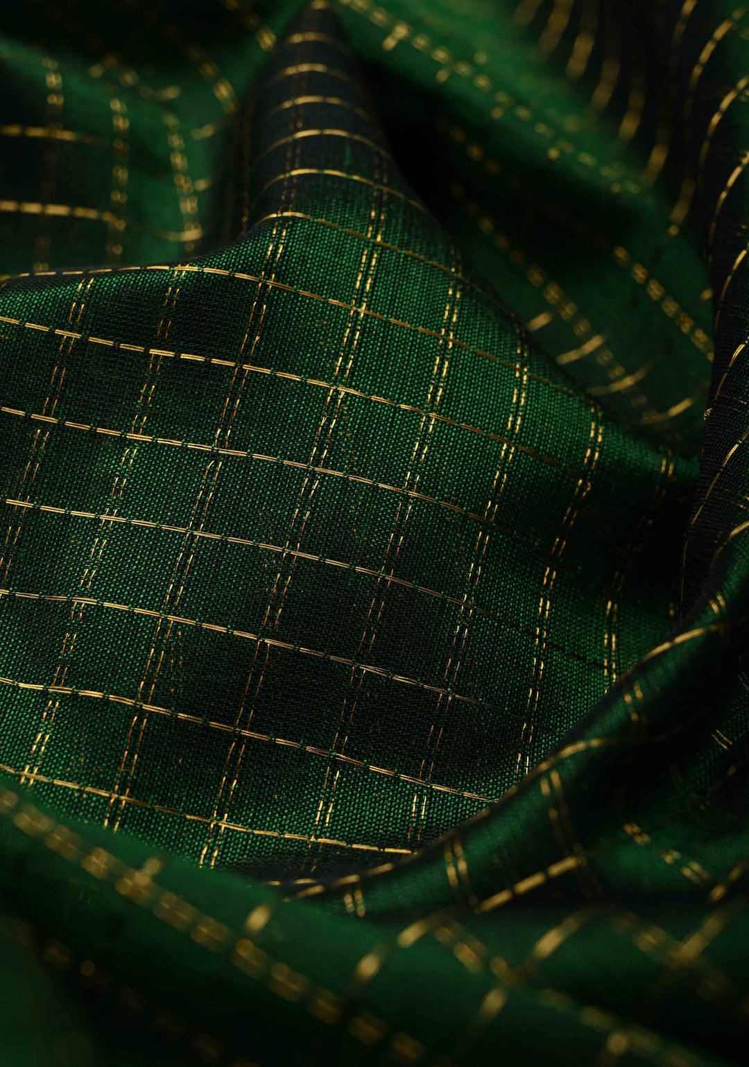 Bottle Green Kanchi Silk Cotton Saree with Kattam Zari Checks and Contrast Zari Border