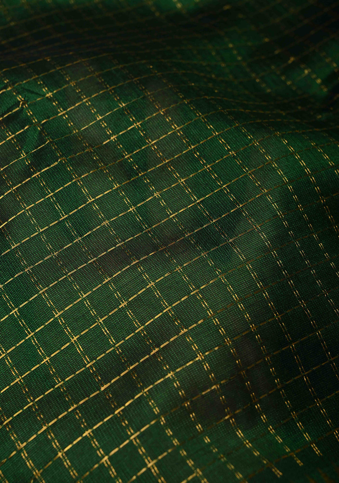 Bottle Green Kanchi Silk Cotton Saree with Kattam Zari Checks and Contrast Zari Border