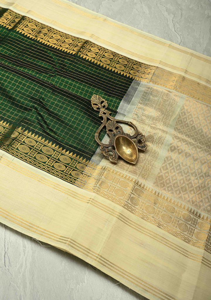 Bottle Green Kanchi Silk Cotton Saree with Kattam Zari Checks and Contrast Zari Border