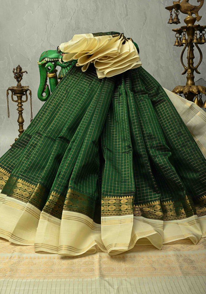 Bottle Green Kanchi Silk Cotton Saree with Kattam Zari Checks and Contrast Zari Border