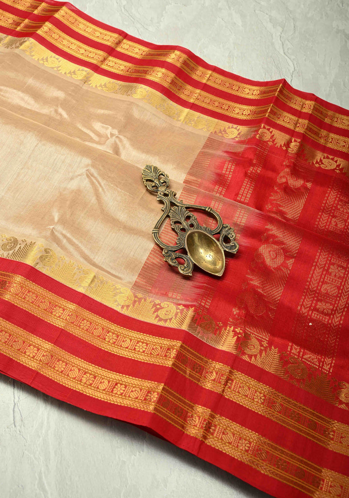 Dark Champagne Kanchi Silk Cotton 100% Handloom Saree with Contrast Zari Border