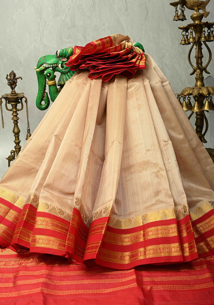 Dark Champagne Kanchi Silk Cotton 100% Handloom Saree with Contrast Zari Border