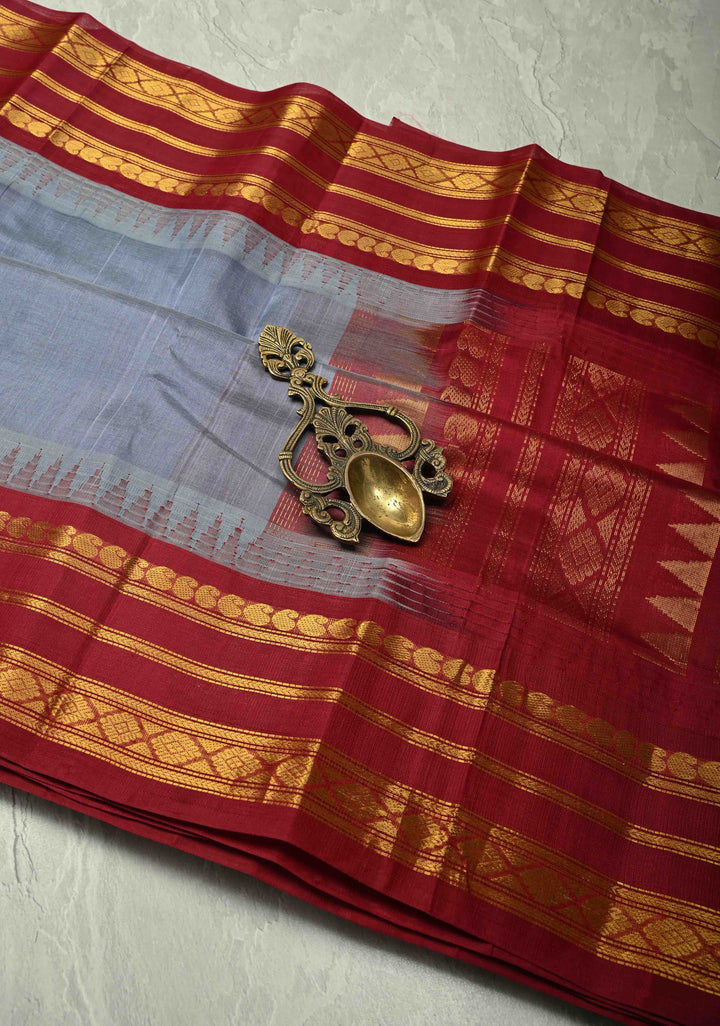 Gray Kanchi Silk Cotton 100% Handloom Saree with Contrast Zari Border