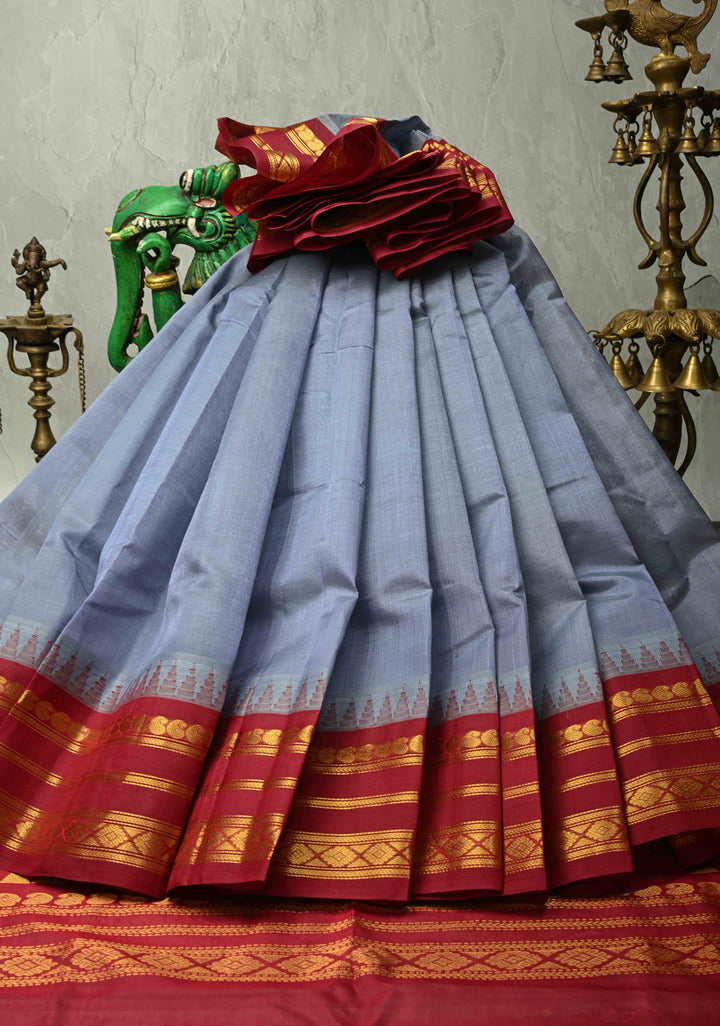Gray Kanchi Silk Cotton 100% Handloom Saree with Contrast Zari Border