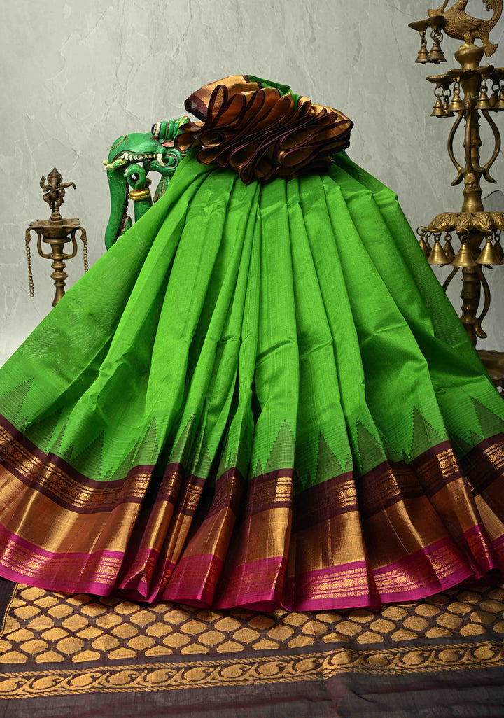 Bright Leaf Green Kanchi Silk Cotton Handloom Saree with Contrast Ganga Jamuna Tissue Border