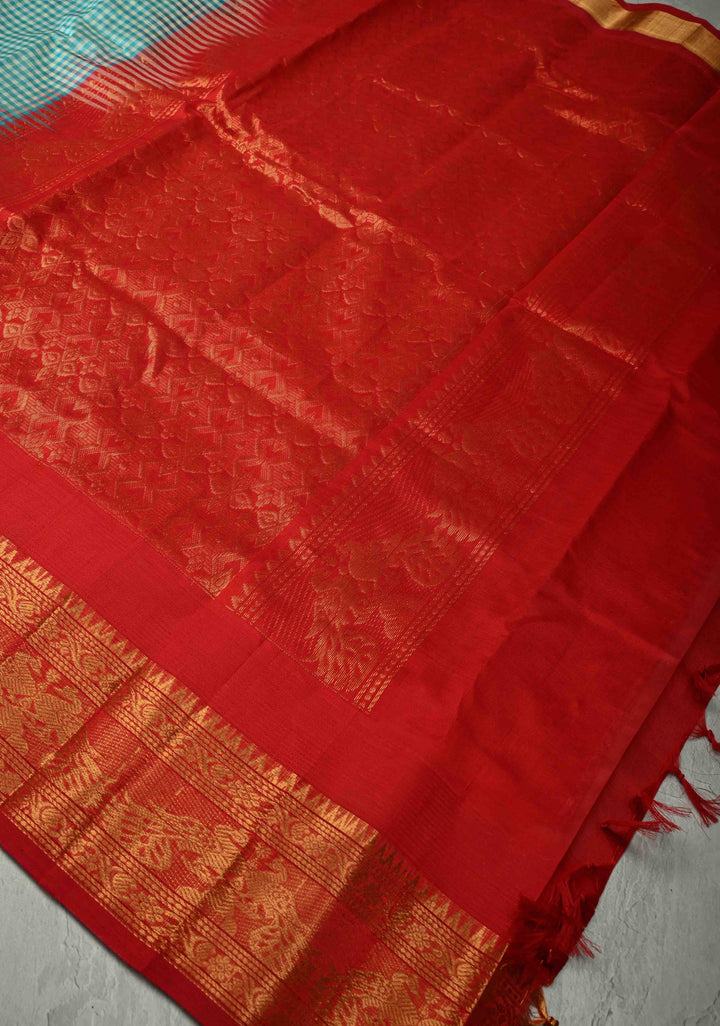 Ivory-Teal-Green Charming Vintage Checks on Kanchi Silk Cotton 100% Handloom Saree with Contrast Zari Border