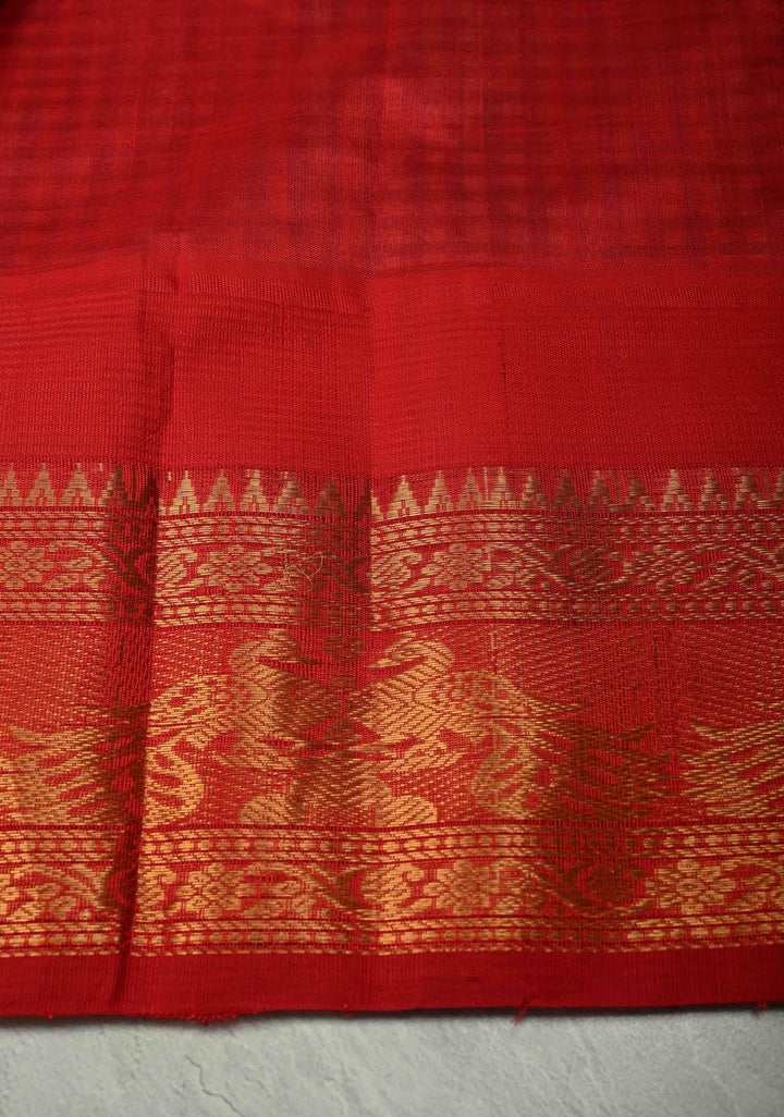 Ivory-Teal-Green Charming Vintage Checks on Kanchi Silk Cotton 100% Handloom Saree with Contrast Zari Border