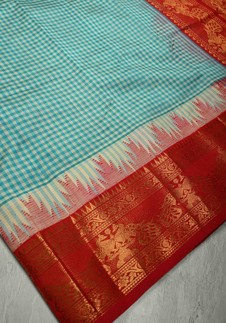 Ivory-Teal-Green Charming Vintage Checks on Kanchi Silk Cotton 100% Handloom Saree with Contrast Zari Border