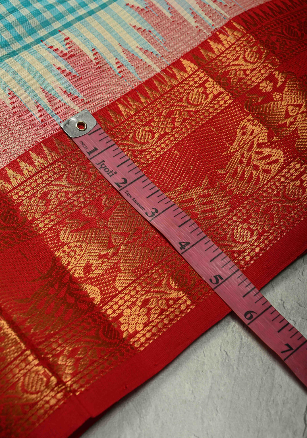 Ivory-Teal-Green Charming Vintage Checks on Kanchi Silk Cotton 100% Handloom Saree with Contrast Zari Border