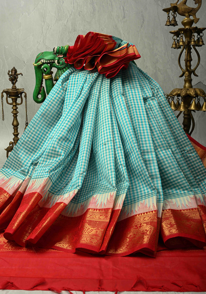 Ivory-Teal-Green Charming Vintage Checks on Kanchi Silk Cotton 100% Handloom Saree with Contrast Zari Border