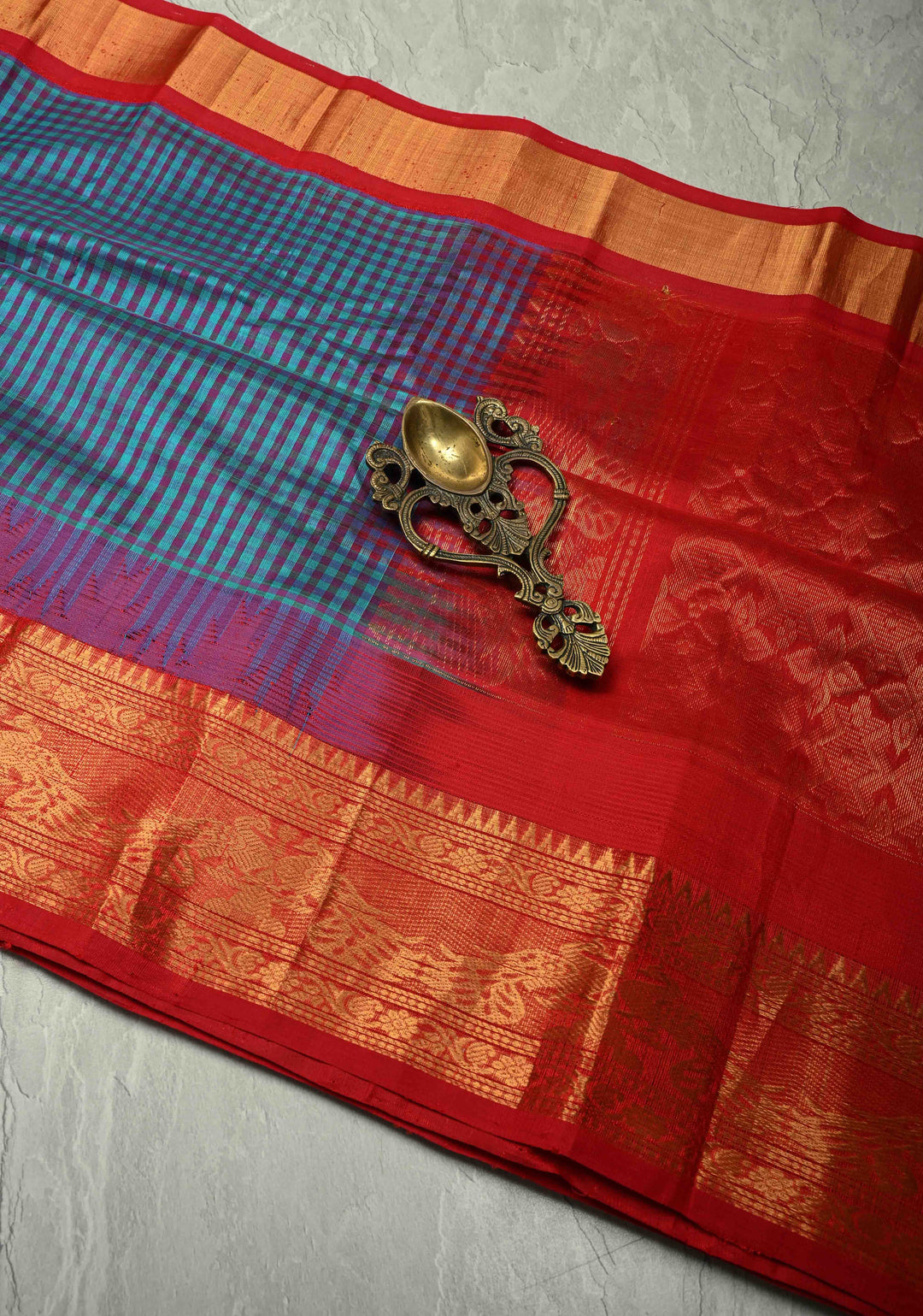 Blue-Purple Charming Vintage Checks on Kanchi Silk Cotton Saree with Contrast Zari border | SHOBITAM