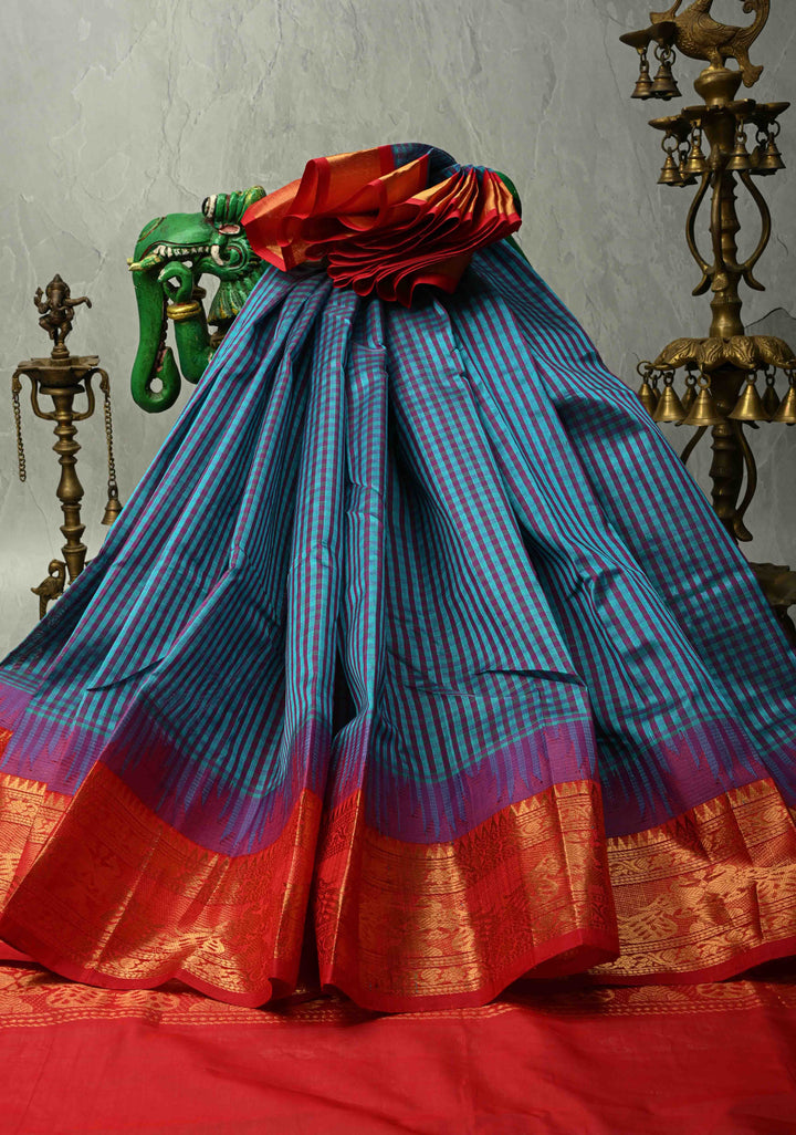 Blue-Purple Charming Vintage Checks on Kanchi Silk Cotton Saree with Contrast Zari border | SHOBITAM