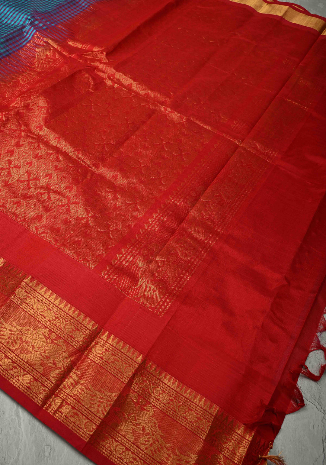 Blue-Purple Charming Vintage Checks on Kanchi Silk Cotton Saree with Contrast Zari border | SHOBITAM