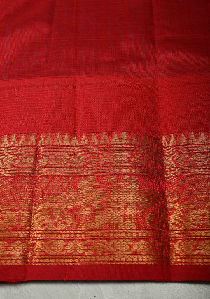 Blue-Purple Charming Vintage Checks on Kanchi Silk Cotton Saree with Contrast Zari border | SHOBITAM