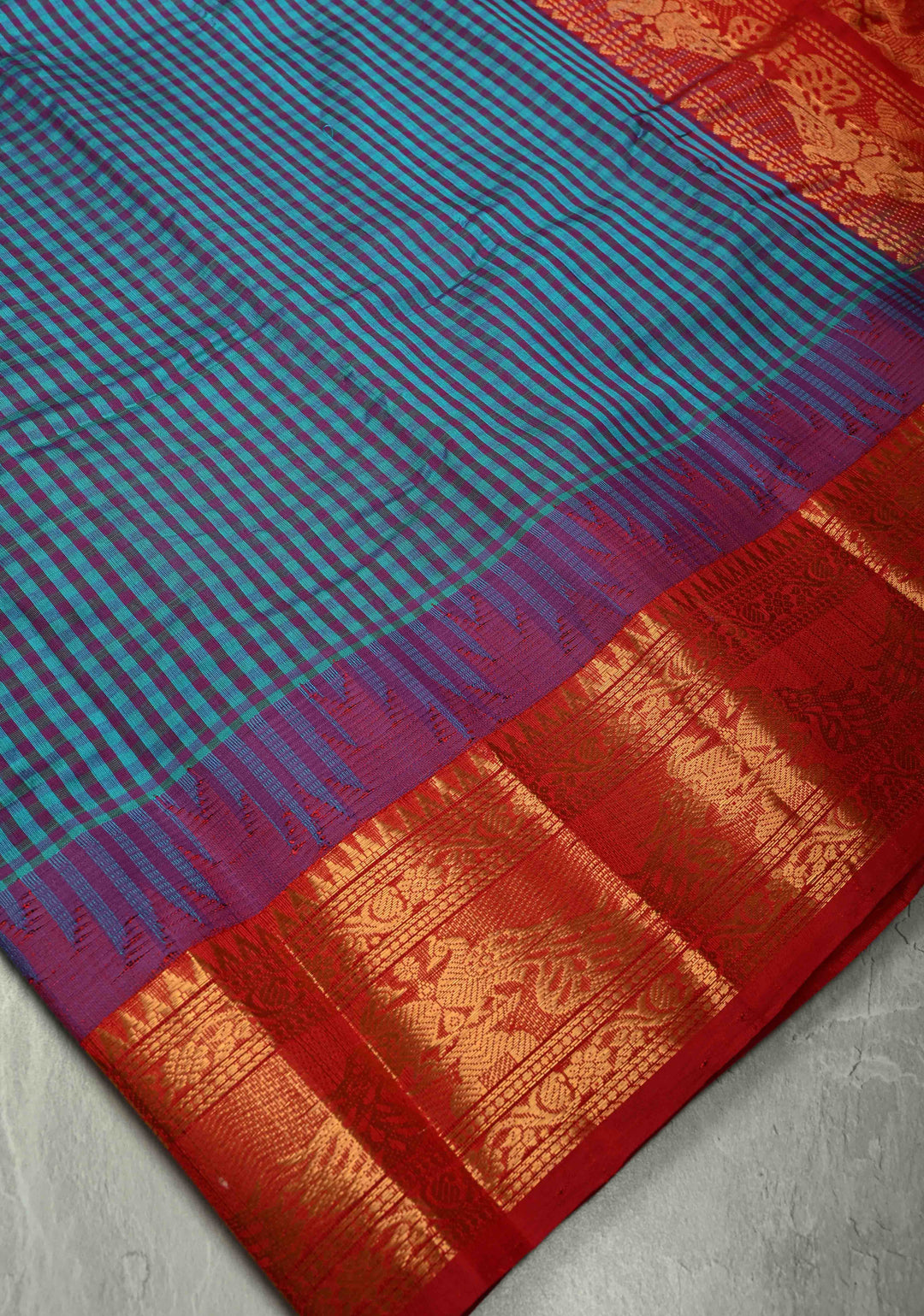 Blue-Purple Charming Vintage Checks on Kanchi Silk Cotton Saree with Contrast Zari border | SHOBITAM