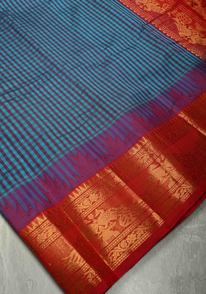 Blue-Purple Charming Vintage Checks on Kanchi Silk Cotton Saree with Contrast Zari border | SHOBITAM