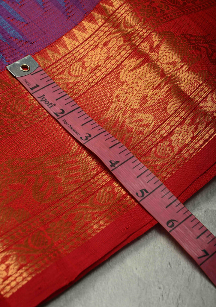 Blue-Purple Charming Vintage Checks on Kanchi Silk Cotton Saree with Contrast Zari border | SHOBITAM