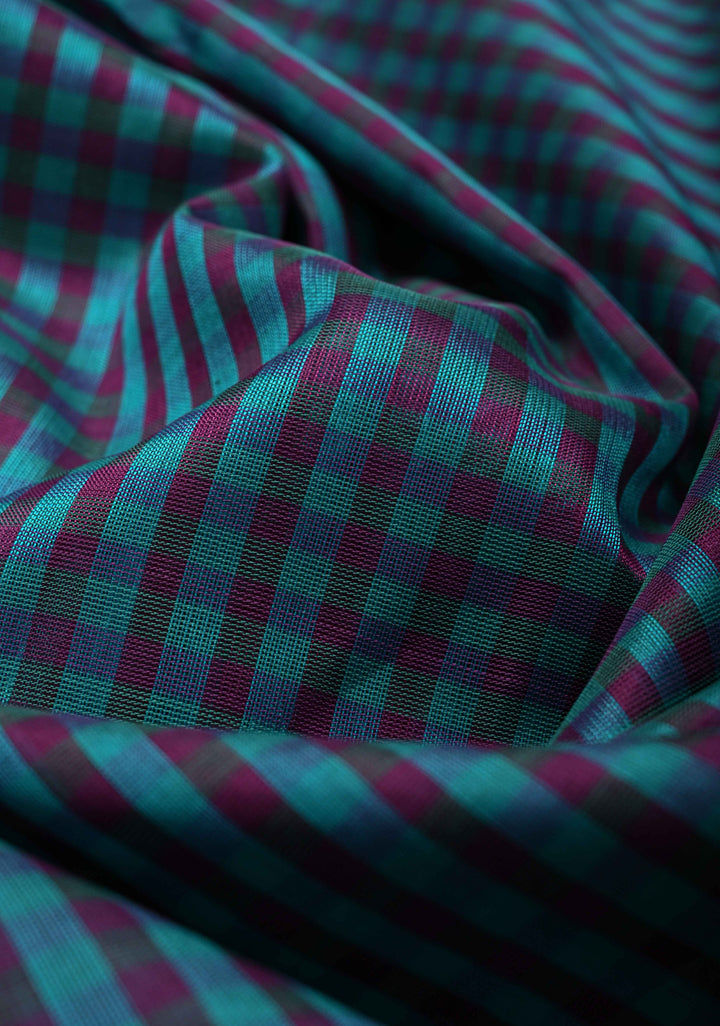 Blue-Purple Charming Vintage Checks on Kanchi Silk Cotton Saree with Contrast Zari border | SHOBITAM