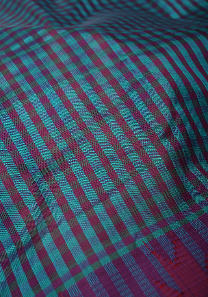 Blue-Purple Charming Vintage Checks on Kanchi Silk Cotton Saree with Contrast Zari border | SHOBITAM